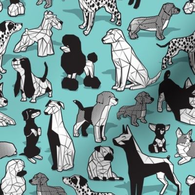 Small scale // Geometric sweet wet noses // aqua background black and white dogs: Beagles, Dalmatians, Corgis, Dachshunds, Pugs, Greyhounds, Dobermans, Schnauzers, Huskies, Chihuahuas, Poodles, Basset Hounds, Labrador Retrievers