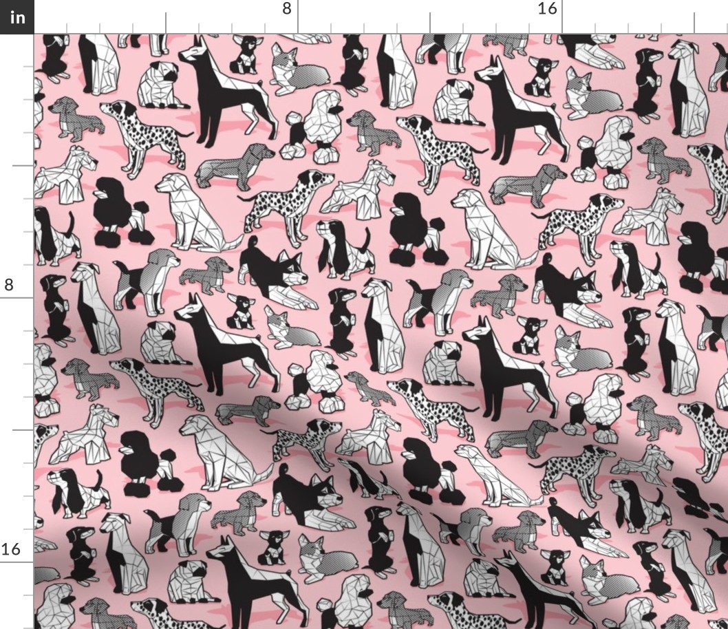 Small scale // Geometric sweet wet noses // pastel pink background black and white dogs: Beagles, Dalmatians, Corgis, Dachshunds, Pugs, Greyhounds, Dobermans, Schnauzers, Huskies, Chihuahuas, Poodles, Basset Hounds, Labrador Retrievers