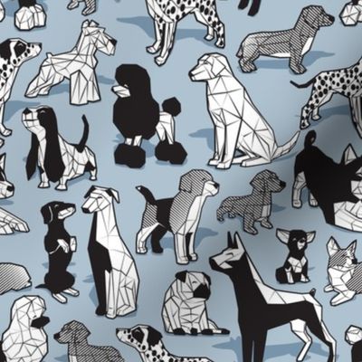 Small scale // Geometric sweet wet noses // pastel blue background black and white dogs: Beagles, Dalmatians, Corgis, Dachshunds, Pugs, Greyhounds, Dobermans, Schnauzers, Huskies, Chihuahuas, Poodles, Basset Hounds, Labrador Retrievers