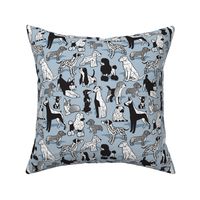 Small scale // Geometric sweet wet noses // pastel blue background black and white dogs: Beagles, Dalmatians, Corgis, Dachshunds, Pugs, Greyhounds, Dobermans, Schnauzers, Huskies, Chihuahuas, Poodles, Basset Hounds, Labrador Retrievers