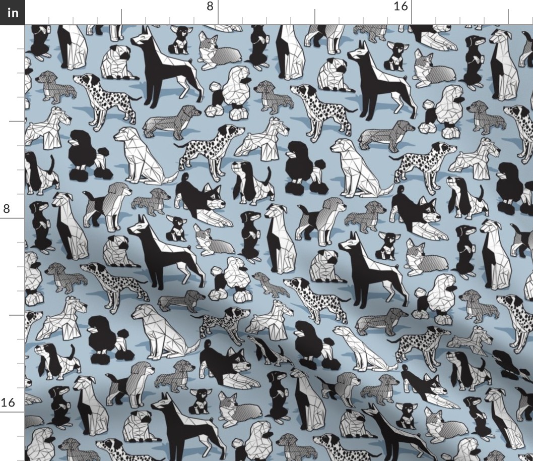 Small scale // Geometric sweet wet noses // pastel blue background black and white dogs: Beagles, Dalmatians, Corgis, Dachshunds, Pugs, Greyhounds, Dobermans, Schnauzers, Huskies, Chihuahuas, Poodles, Basset Hounds, Labrador Retrievers