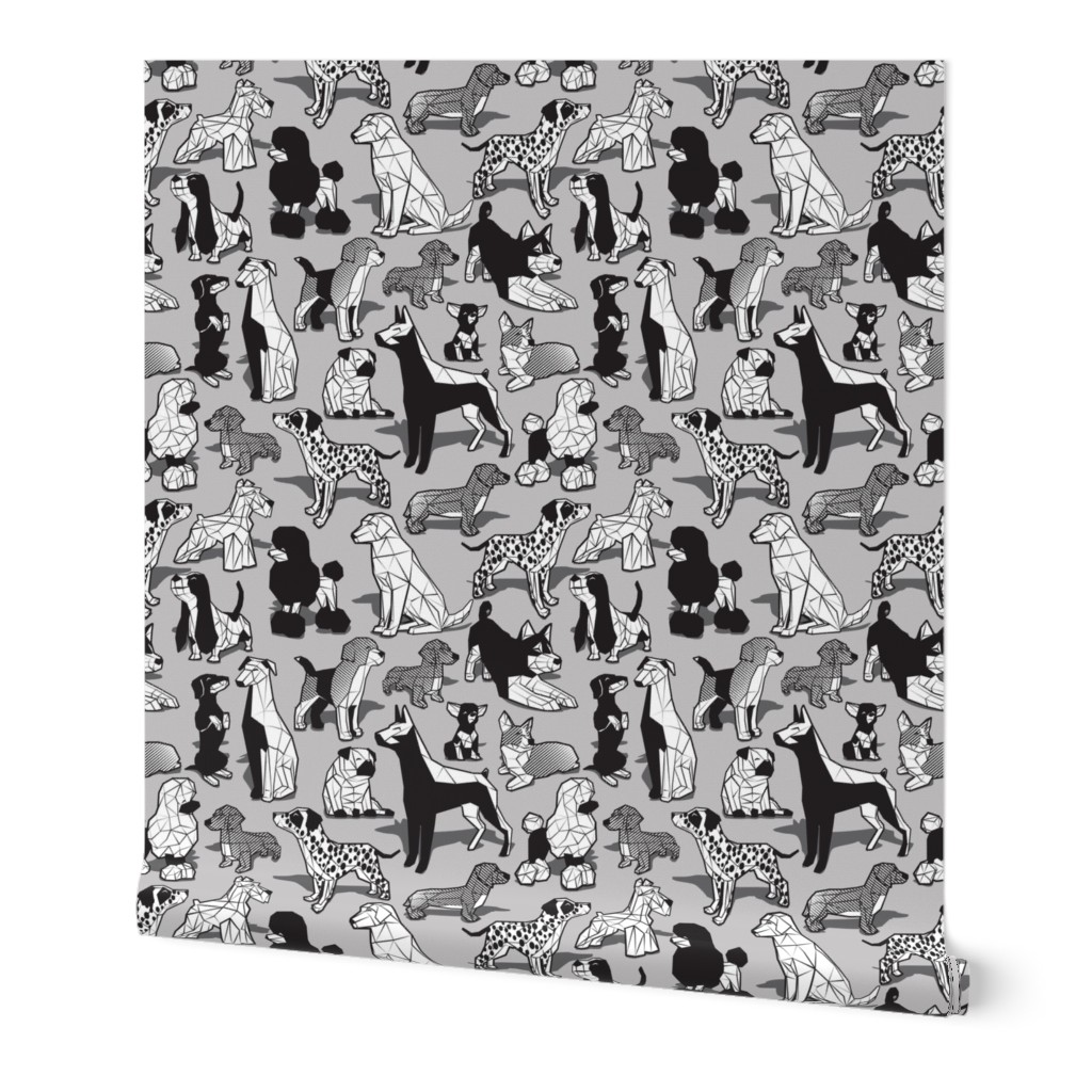 Small scale // Geometric sweet wet noses // grey background black and white dogs: Beagles, Dalmatians, Corgis, Dachshunds, Pugs, Greyhounds, Dobermans, Schnauzers, Huskies, Chihuahuas, Poodles, Basset Hounds, Labrador Retrievers