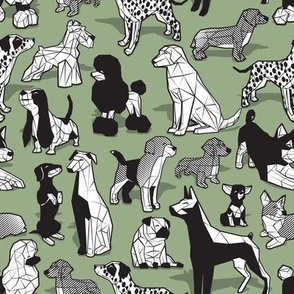 Small scale // Geometric sweet wet noses // sage green background black and white dogs: Beagles, Dalmatians, Corgis, Dachshunds, Pugs, Greyhounds, Dobermans, Schnauzers, Huskies, Chihuahuas, Poodles, Basset Hounds, Labrador Retrievers