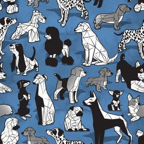 Small scale // Geometric sweet wet noses // blue watercolour texture background black and white dogs: Beagles, Dalmatians, Corgis, Dachshunds, Pugs, Greyhounds, Dobermans, Schnauzers, Huskies, Chihuahuas, Poodles, Basset Hounds, Labrador Retrievers