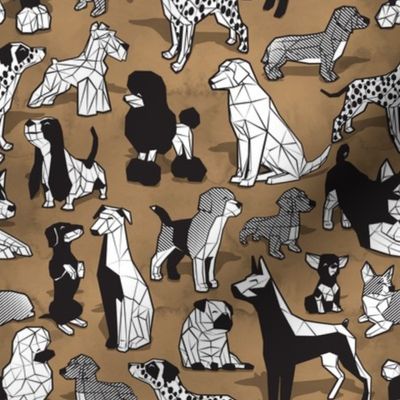 Small scale // Geometric sweet wet noses // brown watercolour texture background black and white dogs: Beagles, Dalmatians, Corgis, Dachshunds, Pugs, Greyhounds, Dobermans, Schnauzers, Huskies, Chihuahuas, Poodles, Basset Hounds, Labrador Retrievers