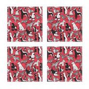 Small scale // Geometric sweet wet noses // red watercolour texture background black and white dogs: Beagles, Dalmatians, Corgis, Dachshunds, Pugs, Greyhounds, Dobermans, Schnauzers, Huskies, Chihuahuas, Poodles, Basset Hounds, Labrador Retrievers