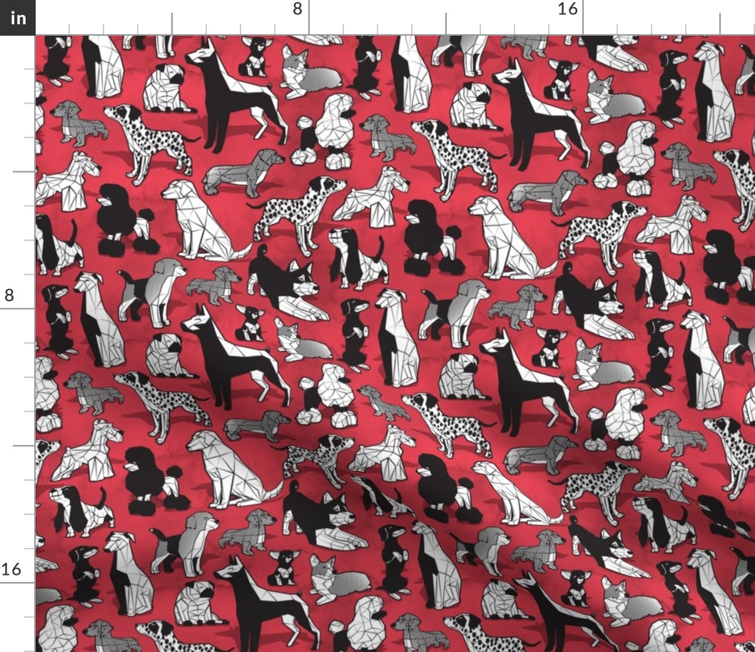 Small scale // Geometric sweet wet noses // red watercolour texture background black and white dogs: Beagles, Dalmatians, Corgis, Dachshunds, Pugs, Greyhounds, Dobermans, Schnauzers, Huskies, Chihuahuas, Poodles, Basset Hounds, Labrador Retrievers