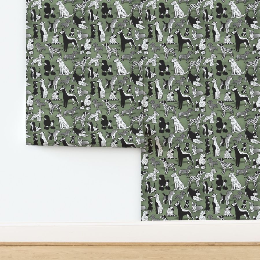 Small scale // Geometric sweet wet noses // sage green watercolour texture background black and white dogs: Beagles, Dalmatians, Corgis, Dachshunds, Pugs, Greyhounds, Dobermans, Schnauzers, Huskies, Chihuahuas, Poodles, Basset Hounds, Labrador Retrievers