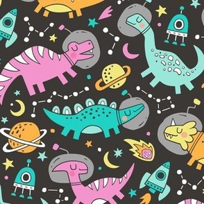 Dinosaurs in Space Mint Green Pink on Black