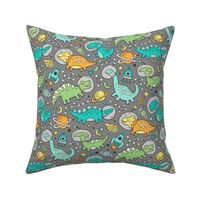 Dinosaurs in Space Mint Green on Grey