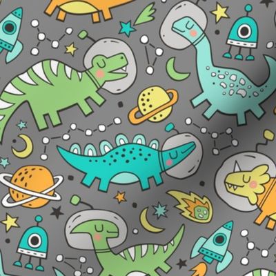 Dinosaurs in Space Mint Green on Grey