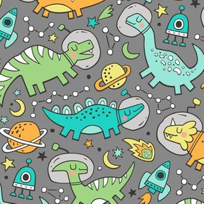Dinosaurs in Space Mint Green on Grey