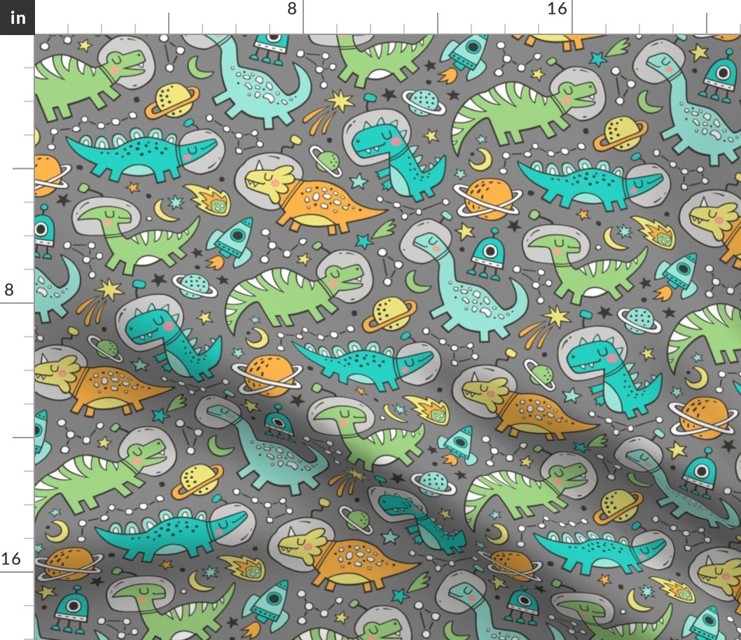 Dinosaurs in Space Mint Green on Grey