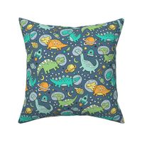 Dinosaurs in Space Mint Green on dark Blue