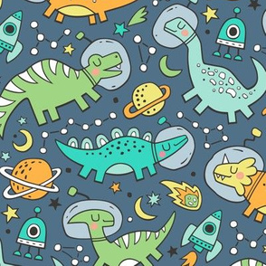 Dinosaurs in Space Mint Green on dark Blue