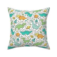 Dinosaurs in Space Mint Green on White