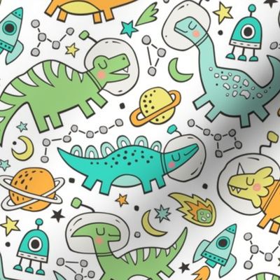 Dinosaurs in Space Mint Green on White