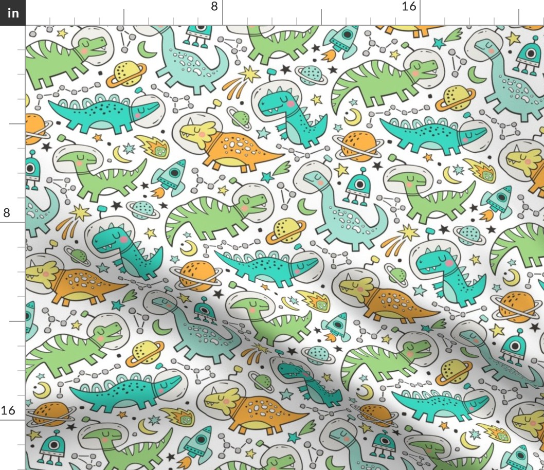 Dinosaurs in Space Mint Green on White