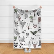 2 yards scale // ABC Geometric animal alphabet // white background black and white animals with green grey and taupe details