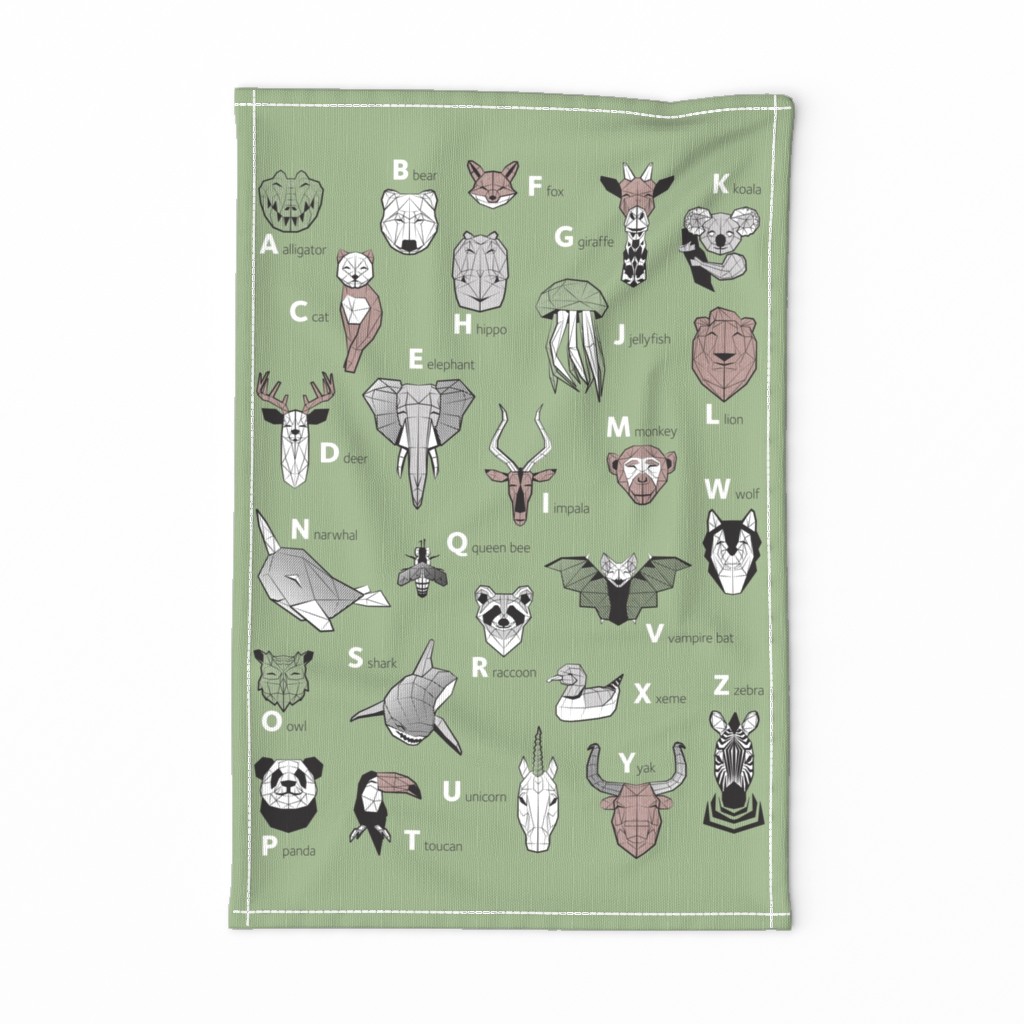 Tea towel fat quarter scale // ABC Geometric animal alphabet // green background black and white animals with green grey and taupe details