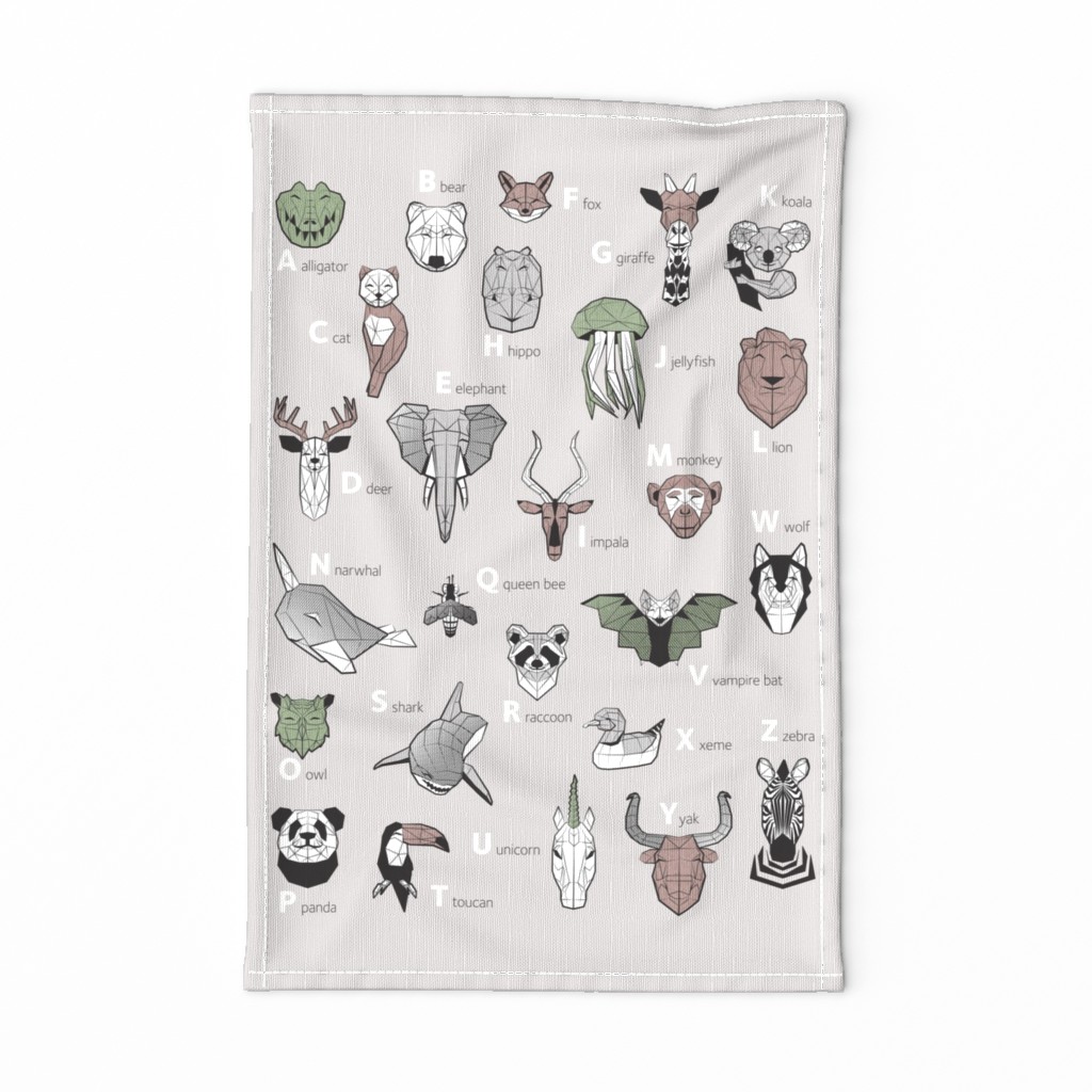 Tea towel fat quarter scale // ABC Geometric animal alphabet // grey background black and white animals with green grey and taupe details