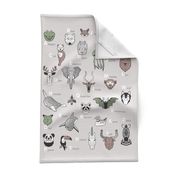 Tea towel fat quarter scale // ABC Geometric animal alphabet // grey background black and white animals with green grey and taupe details