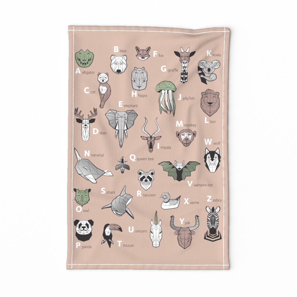 Tea towel fat quarter scale // ABC Geometric animal alphabet // brown taupe background black and white animals with green grey and taupe details