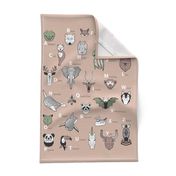 Tea towel fat quarter scale // ABC Geometric animal alphabet // brown taupe background black and white animals with green grey and taupe details