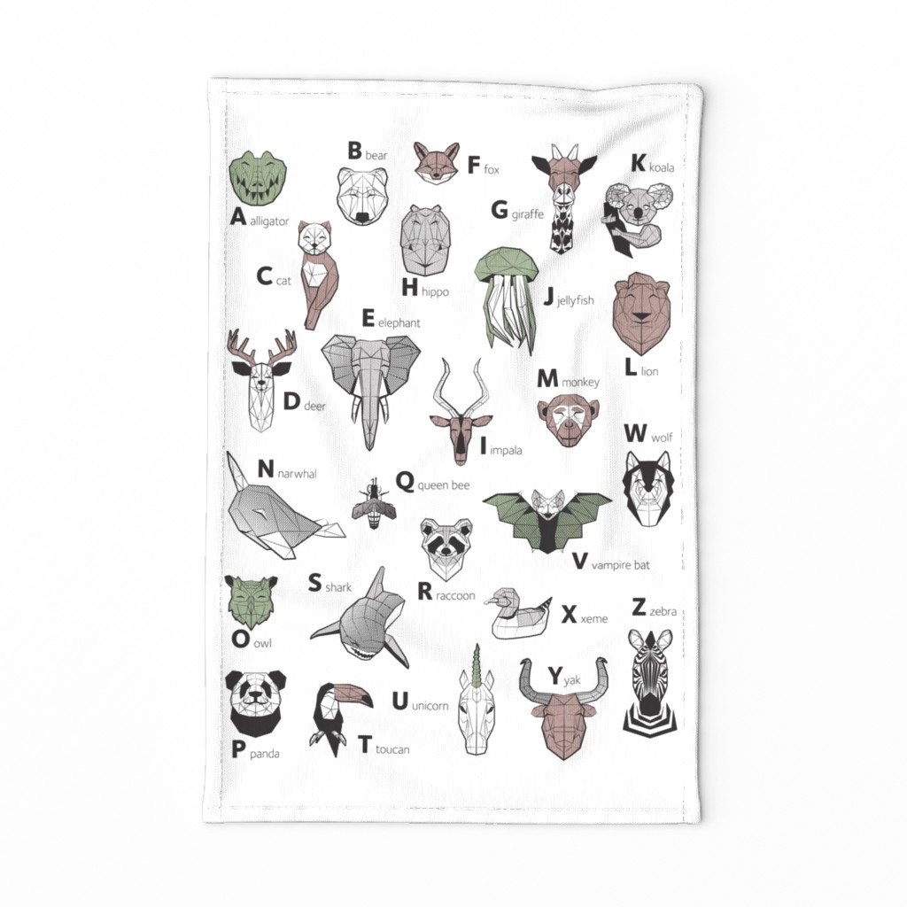 Tea towel fat quarter scale // ABC Geometric animal alphabet // white background black and white animals with green grey and taupe details