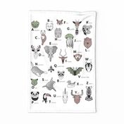 Tea towel fat quarter scale // ABC Geometric animal alphabet // white background black and white animals with green grey and taupe details