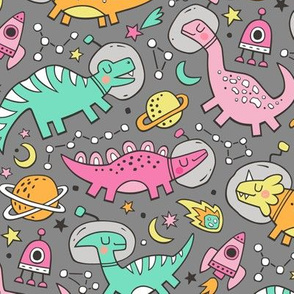 Dinosaurs in Space Pink on Grey