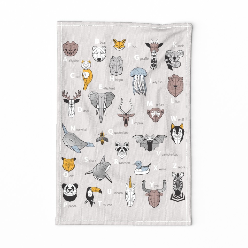 Tea towel fat quarter scale // ABC Geometric animal alphabet // grey background black and white animals with yellow grey blue and taupe details