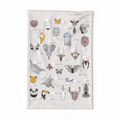 Tea towel fat quarter scale // ABC Geometric animal alphabet // grey background black and white animals with yellow grey blue and taupe details