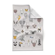 Tea towel fat quarter scale // ABC Geometric animal alphabet // grey background black and white animals with yellow grey blue and taupe details