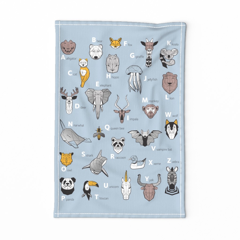 Tea towel fat quarter scale // ABC Geometric animal alphabet // pastel blue background black and white animals with yellow grey blue and taupe details