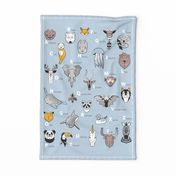 Tea towel fat quarter scale // ABC Geometric animal alphabet // pastel blue background black and white animals with yellow grey blue and taupe details