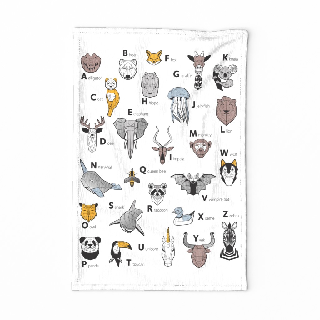 Tea towel fat quarter scale // ABC Geometric animal alphabet // white background black and white animals with yellow grey blue and taupe details