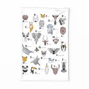 Tea towel fat quarter scale // ABC Geometric animal alphabet // white background black and white animals with yellow grey blue and taupe details