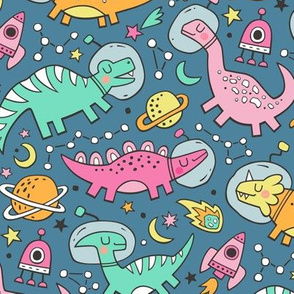 Dinosaurs in Space Pink on Dark Blue