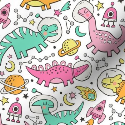 Dinosaurs in Space Pink on White