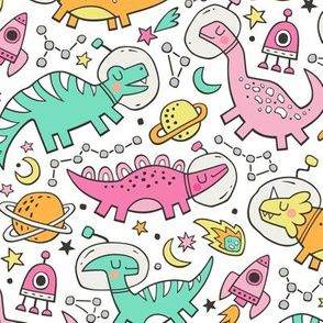 Dinosaurs in Space Pink on White