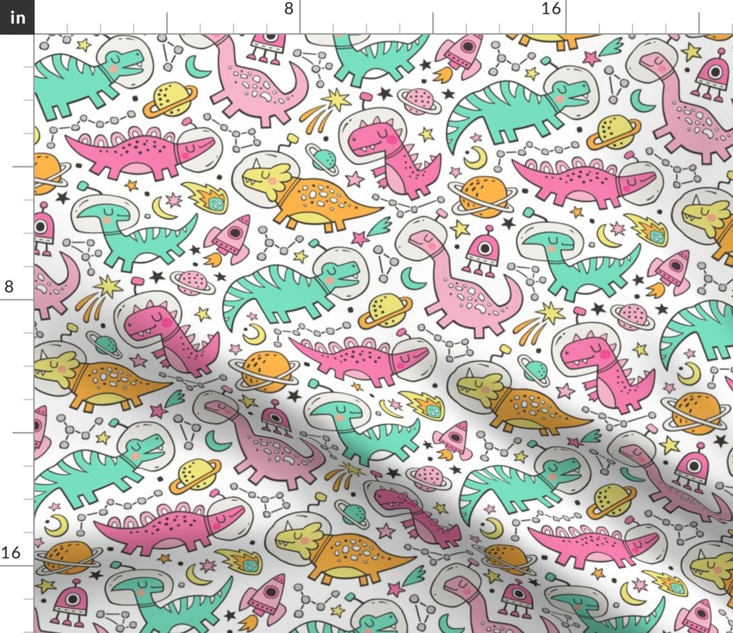 Dinosaurs in Space Pink on White