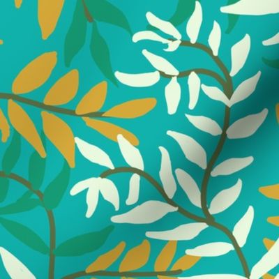 Ferny Vines in Gold Green White on Teal
