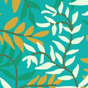 Ferny Vines in Gold Green White on Teal