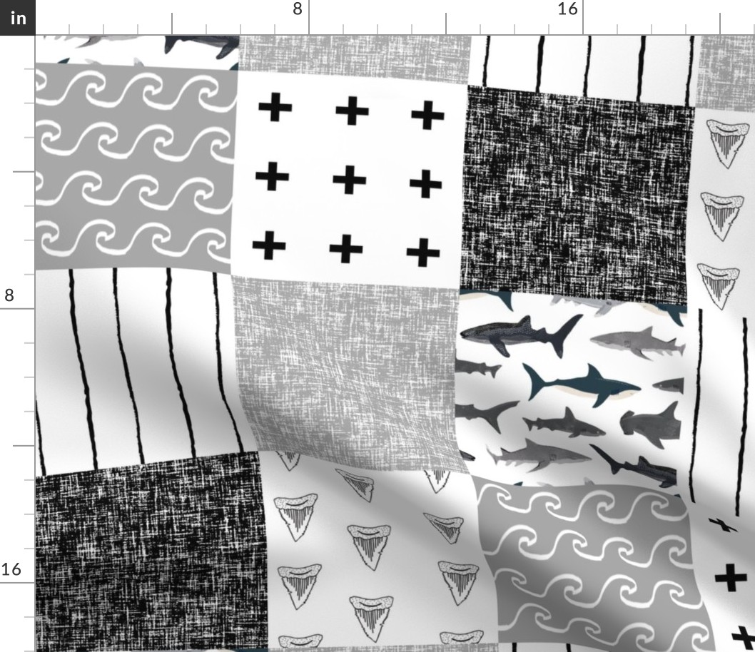 shark quilt  fabric - shark cheater quilt, shark baby, sharks, black and white, shark fabric, black and white shark