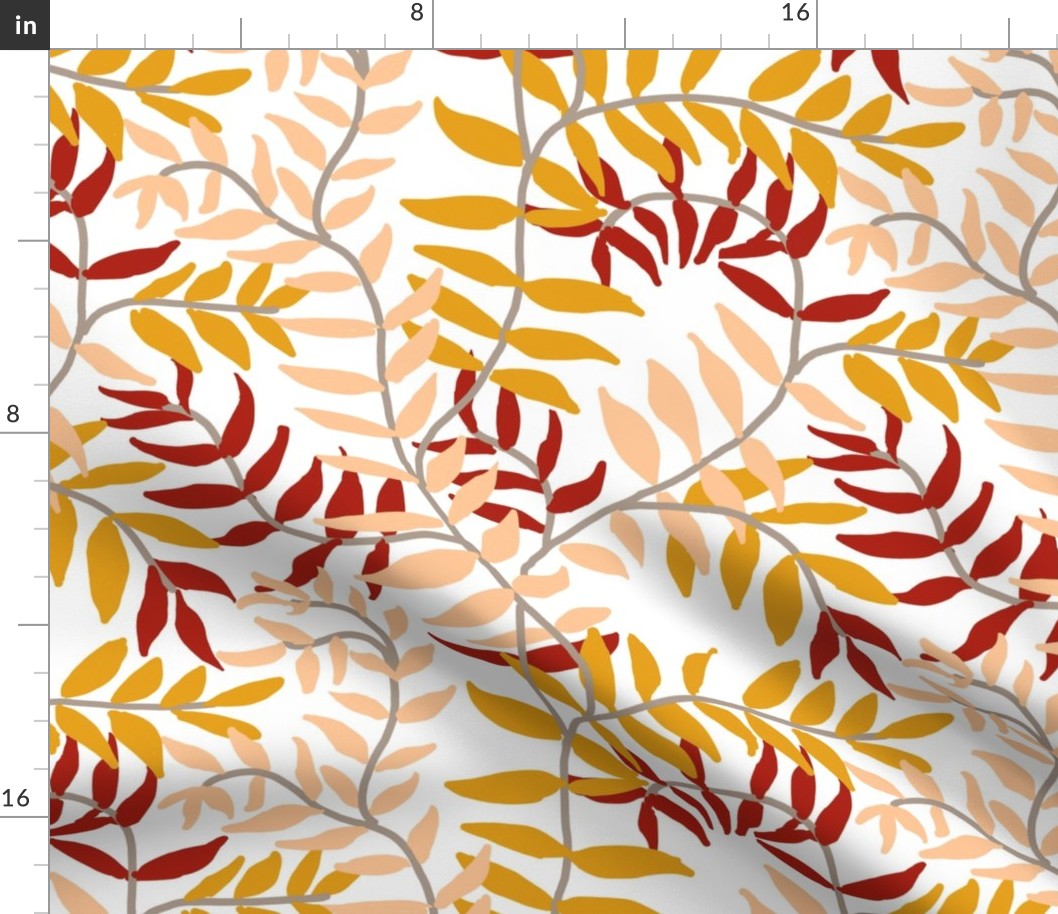 Ferny Vines in Gold Cranberry Red and Peach on White