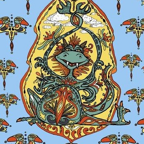 art nouveau dragon fantasy, large scale, blue purple yellow red orange brown green black white