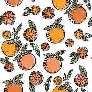 oranges  linocut fabric - oranges woodcut, orange, orange fabric, citrus, fruits fabric, citrus fruit fabric, orange fabric - white multi