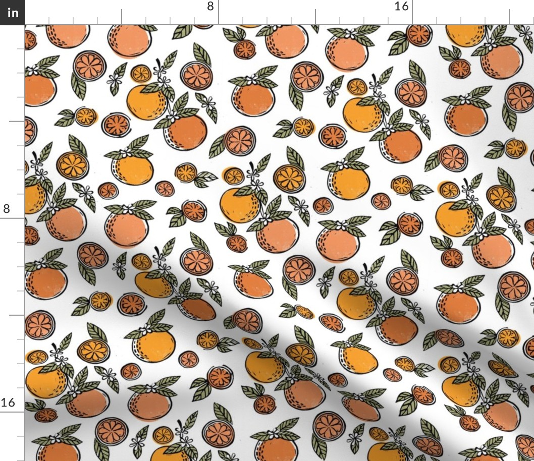 oranges  linocut fabric - oranges woodcut, orange, orange fabric, citrus, fruits fabric, citrus fruit fabric, orange fabric - white multi