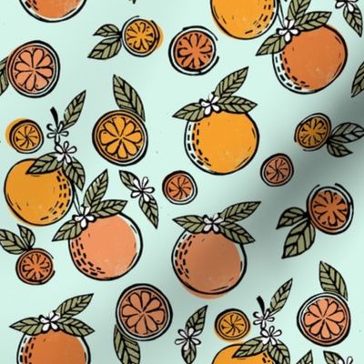 oranges  linocut fabric - oranges woodcut, orange, orange fabric, citrus, fruits fabric, citrus fruit fabric, orange fabric - light mint